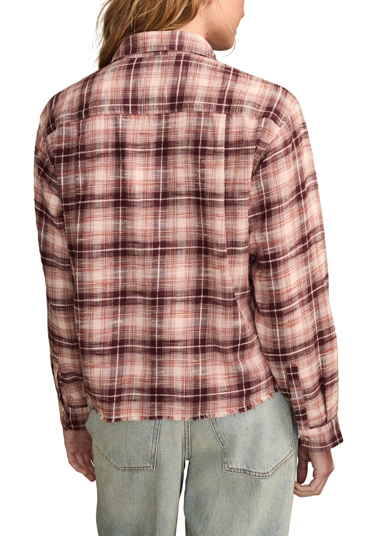 Womens Plaid Printed Frayed Hem Shirt