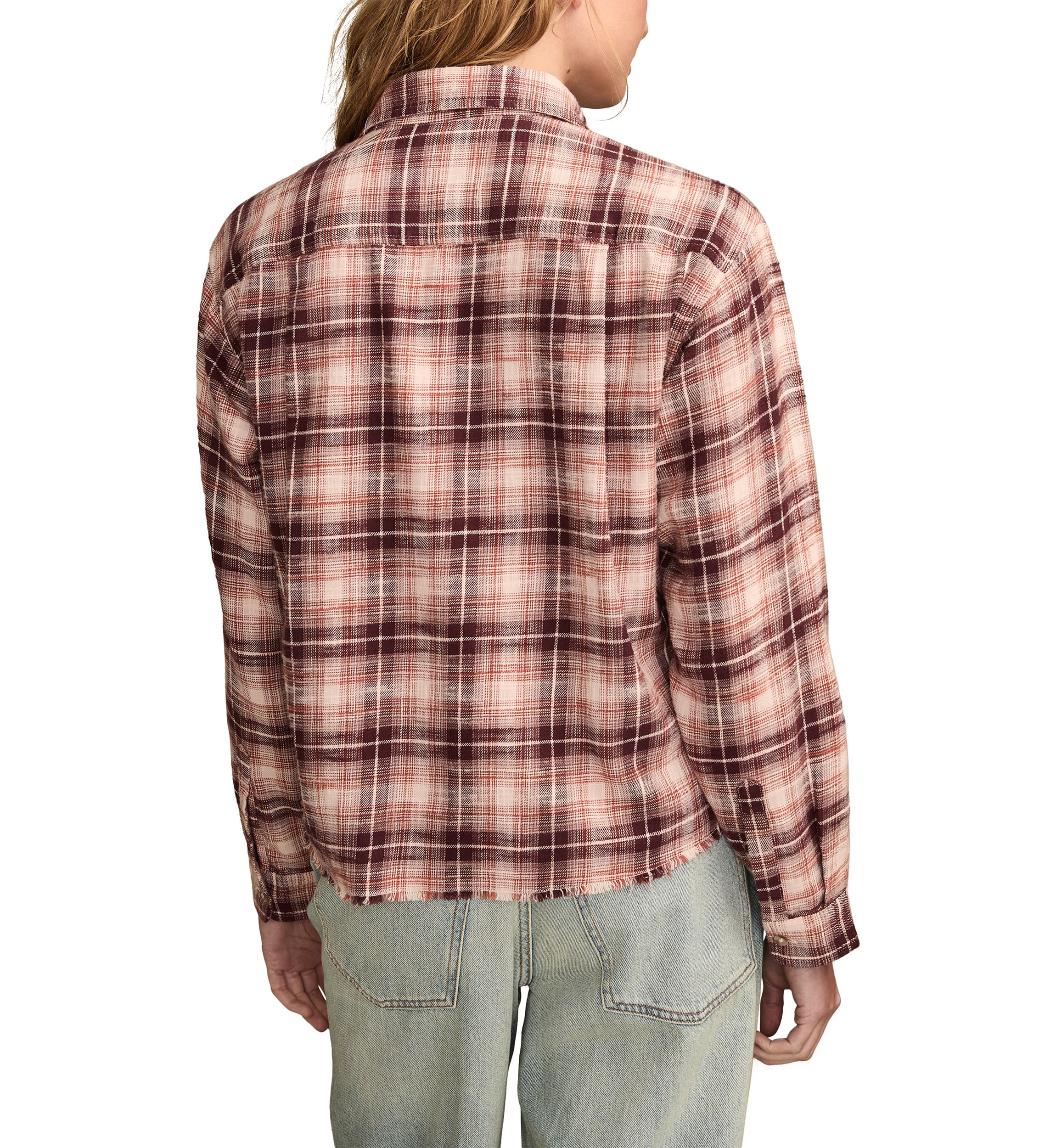 Womens Plaid Printed Frayed Hem Shirt