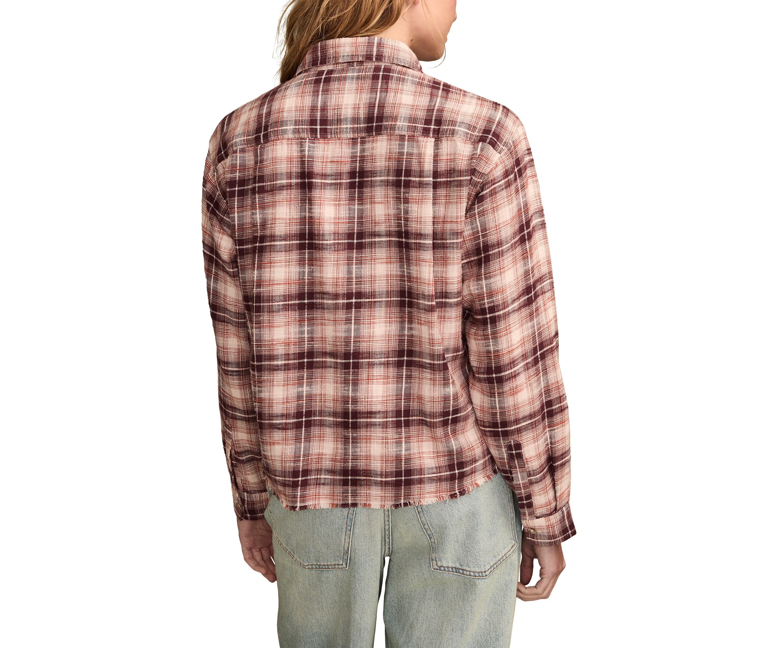 Womens Plaid Printed Frayed Hem Shirt