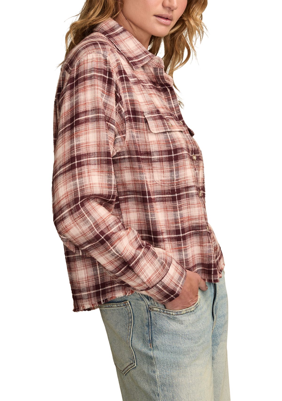 Womens Plaid Printed Frayed Hem Shirt