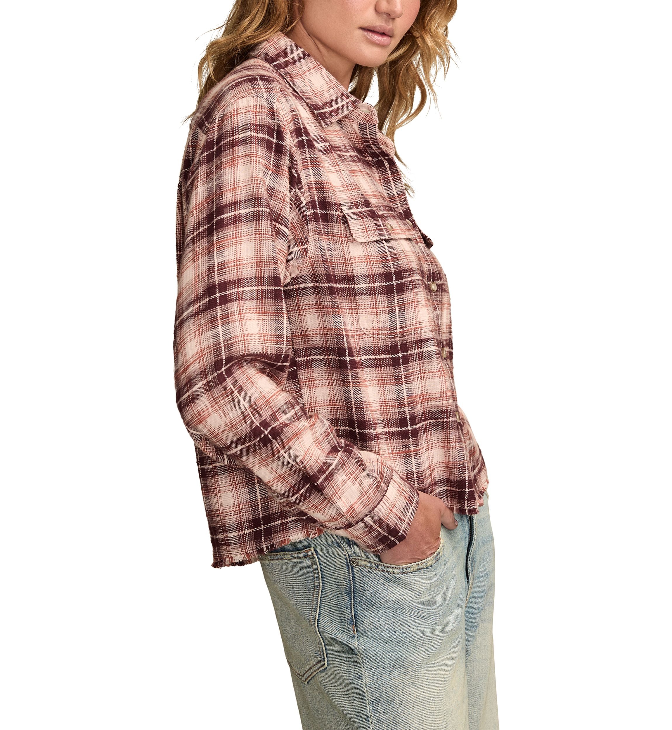 Womens Plaid Printed Frayed Hem Shirt