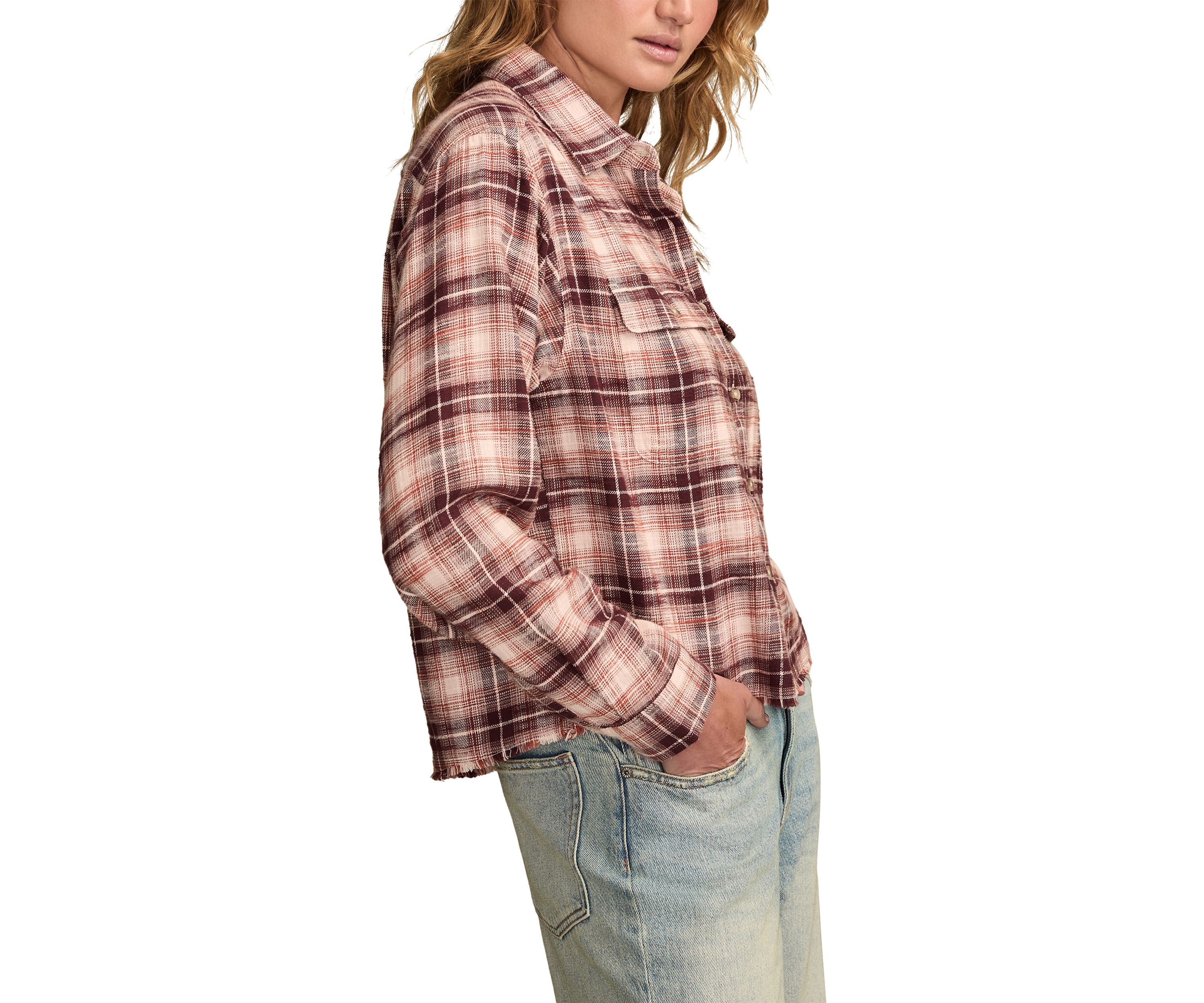 Womens Plaid Printed Frayed Hem Shirt