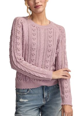 Lucky Brand Women's Pointelle Crew Neck Sweater, Pink, Large