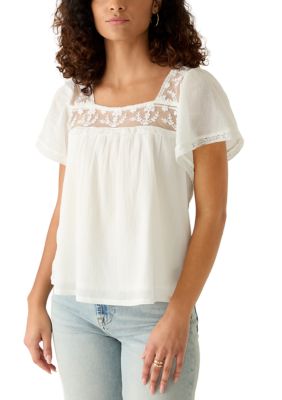 Lucky Brand Women's Mesh Lace Square Neck Blouse, XL
