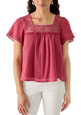 Lucky Brand Women's Mesh Lace Square Neck Blouse