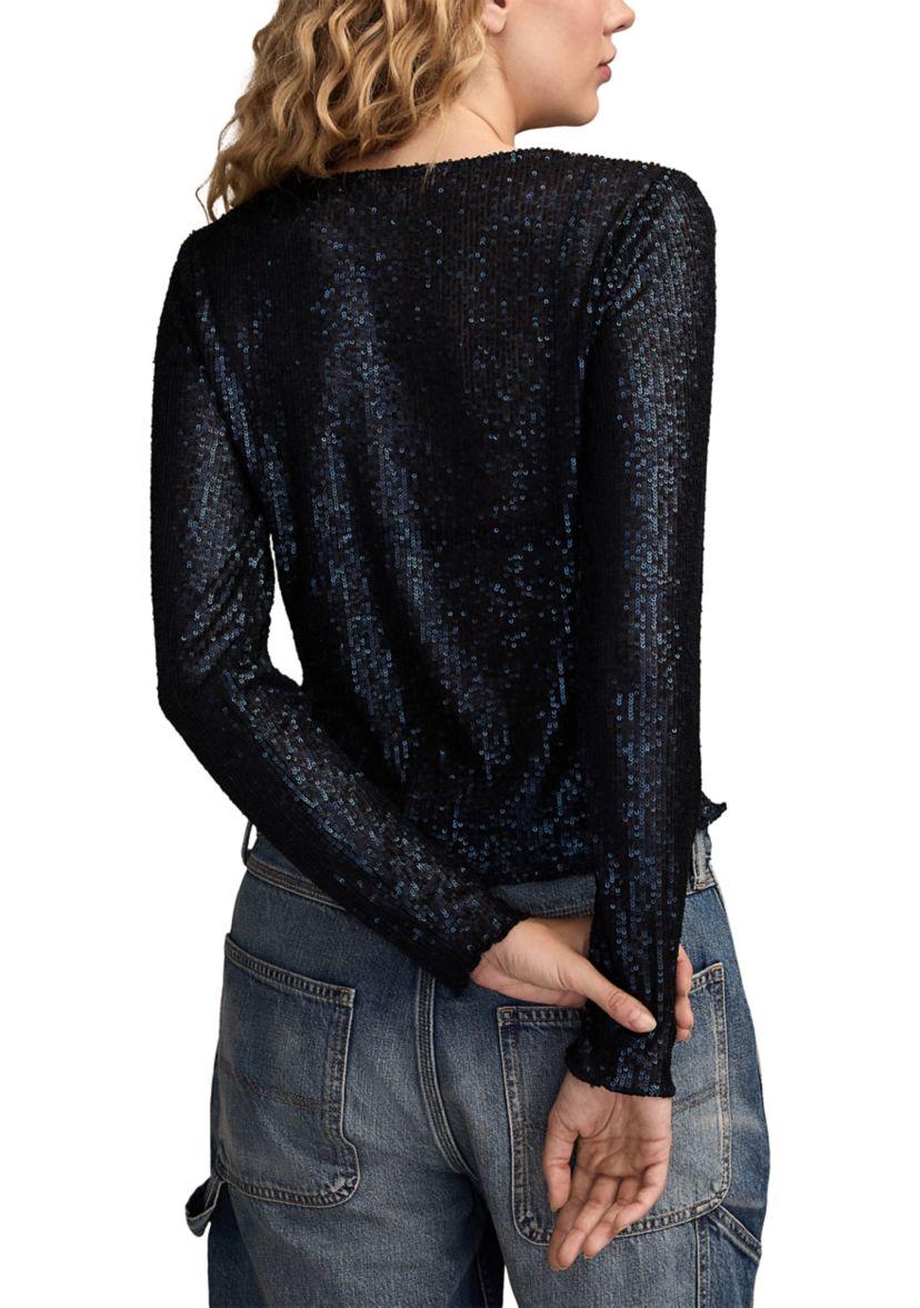 Long Sleeve Sequin Boat Neck Knit Top