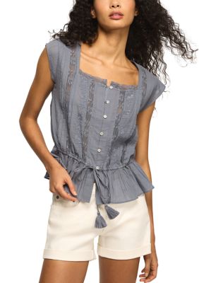 Lucky Brand Women's Cap Sleeve Crochet Trim Square Neck Blouse, XL