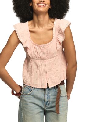 Lucky Brand Women's Flutter Sleeve Crochet Trim Gauze Blouse, Coral, Medium