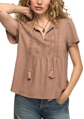 Lucky Brand Women's Short Sleeve Embroidered Yoke Split Neck Peasant Top, Medium