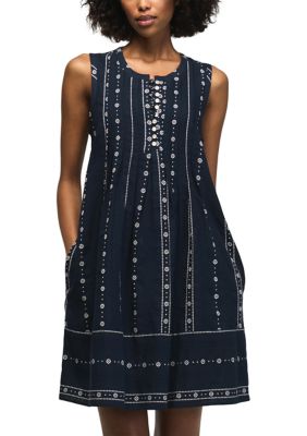 Lucky Brand Women's Sleeveless Henley Striped Dress, Blue, XL