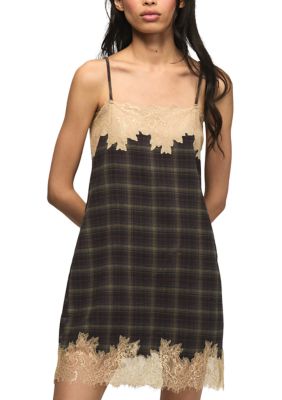 Lucky Brand Women's Plaid Lace Trimmed Mini Dress