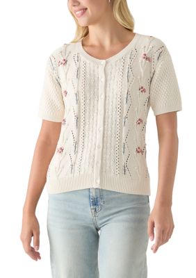Lucky Brand Women's Rosette Button-Up Short Sleeve Cardigan