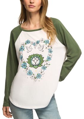 Lucky Brand Women's Heart and Lotus Graphic Raglan Sleeve Shirt, White, XL