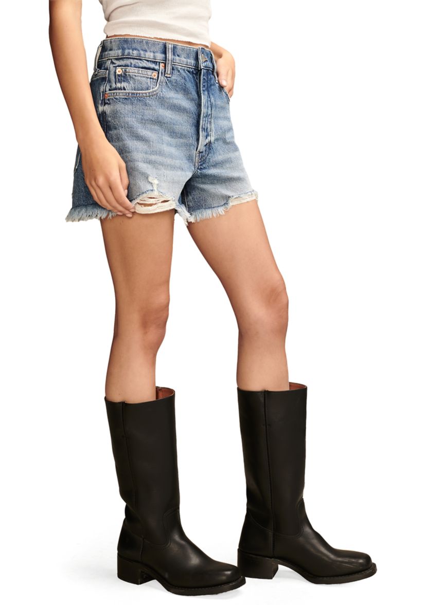 Womens High Rise Destructed Denim Mom Shorts