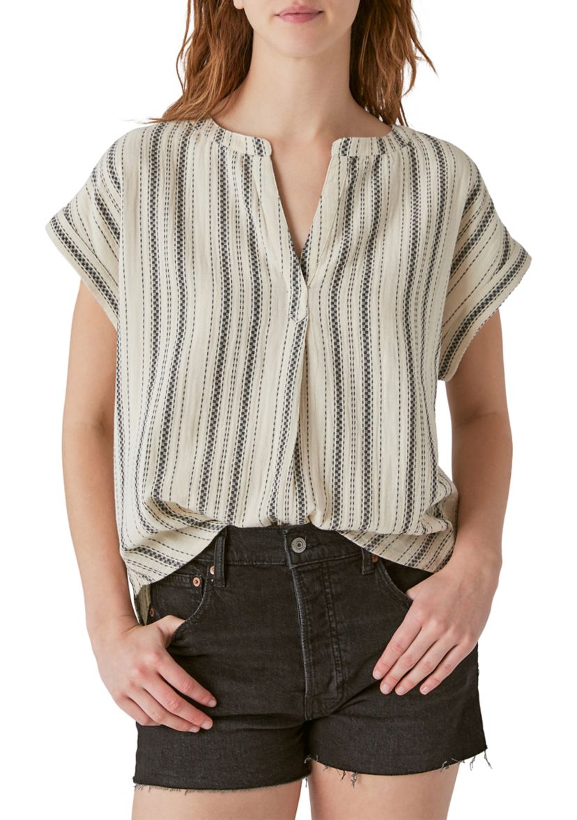 Womens Short Sleeve Black and White Stripe Split Neck Top 