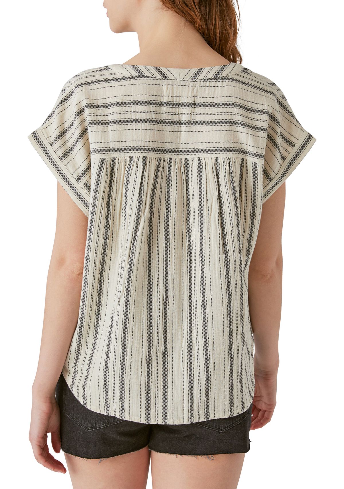 Womens Short Sleeve Black and White Stripe Split Neck Top 