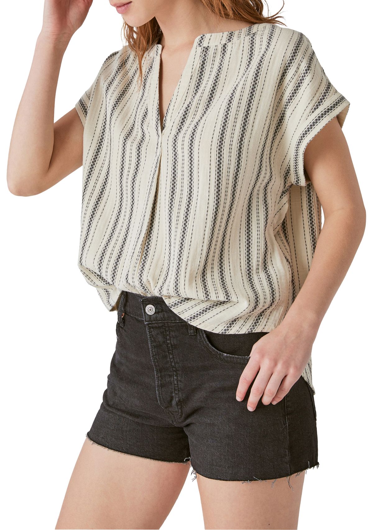 Womens Short Sleeve Black and White Stripe Split Neck Top 