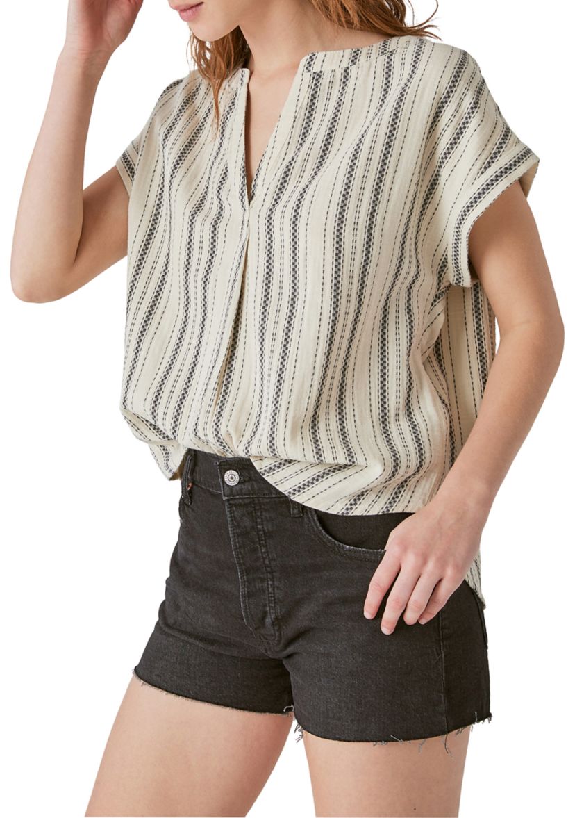 Womens Short Sleeve Black and White Stripe Split Neck Top 