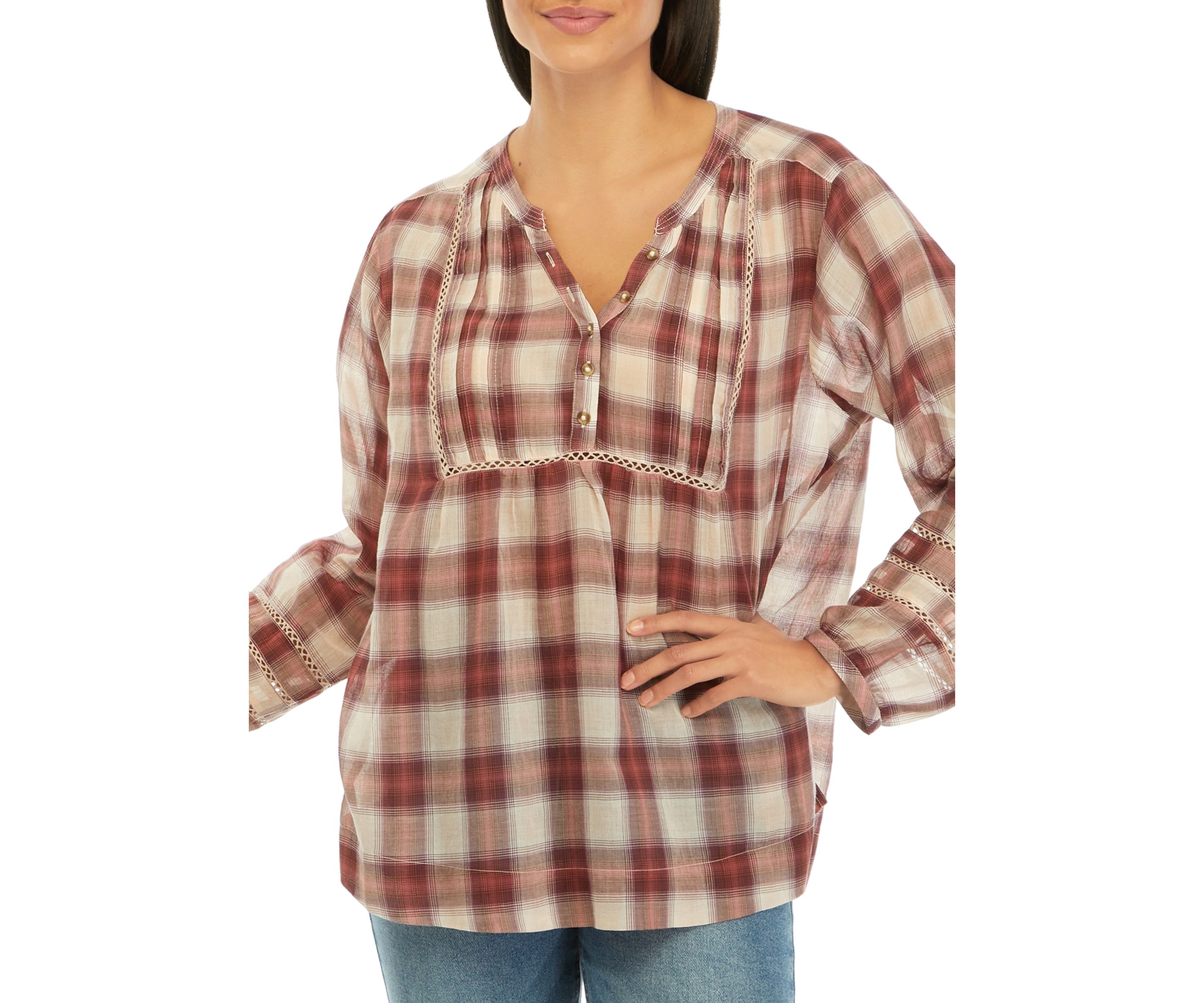 Womens Plaid Popover Top