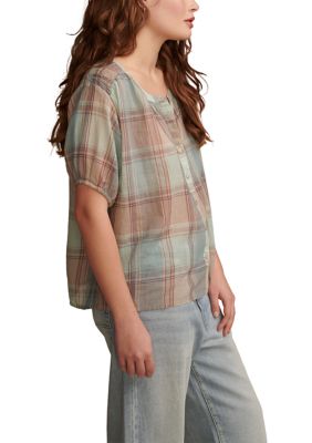 Short Sleeve Plaid Smock Shoulder Blouse