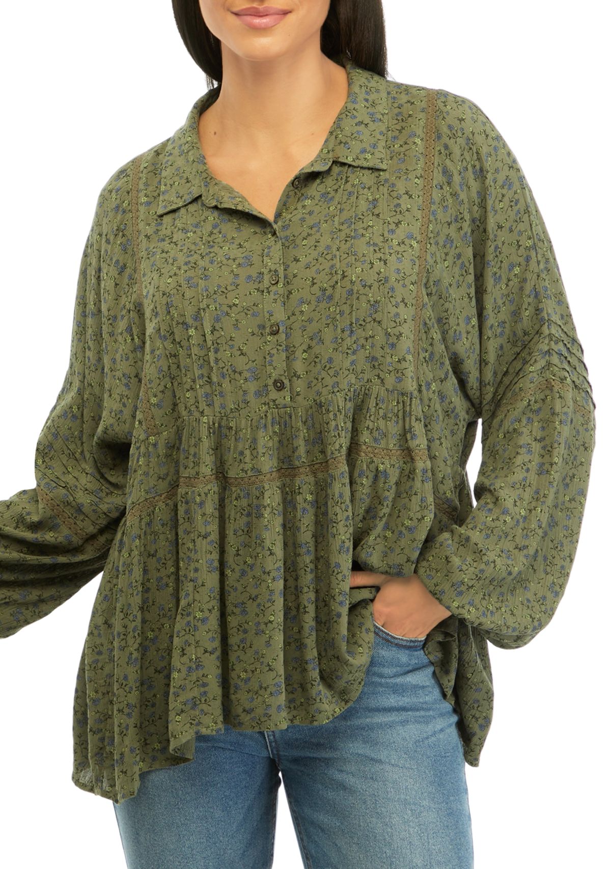 Womens Floral Printed Popover Top