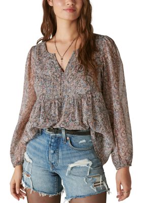 Split Neck Printed Peasant Top