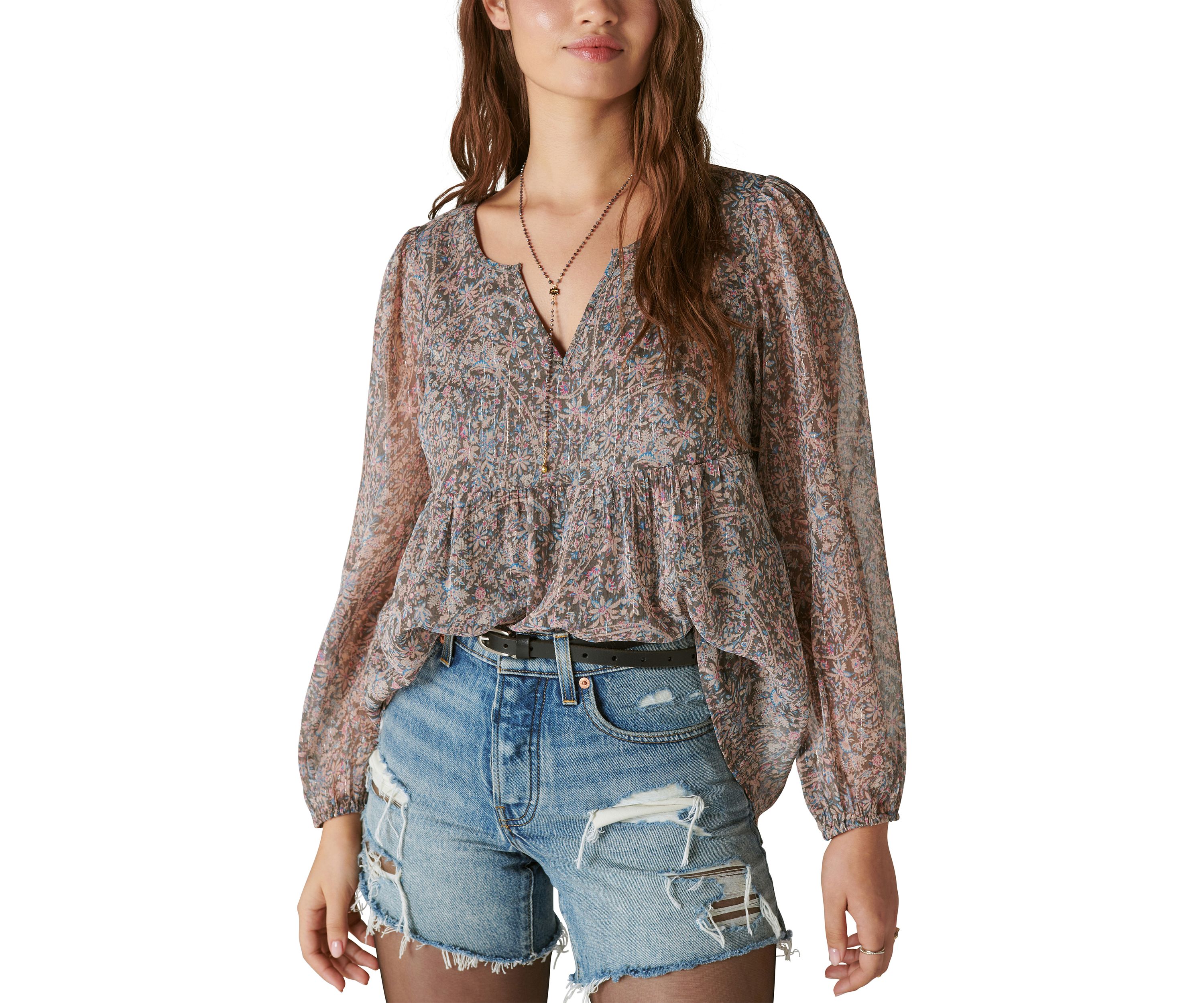 Split Neck Printed Peasant Top