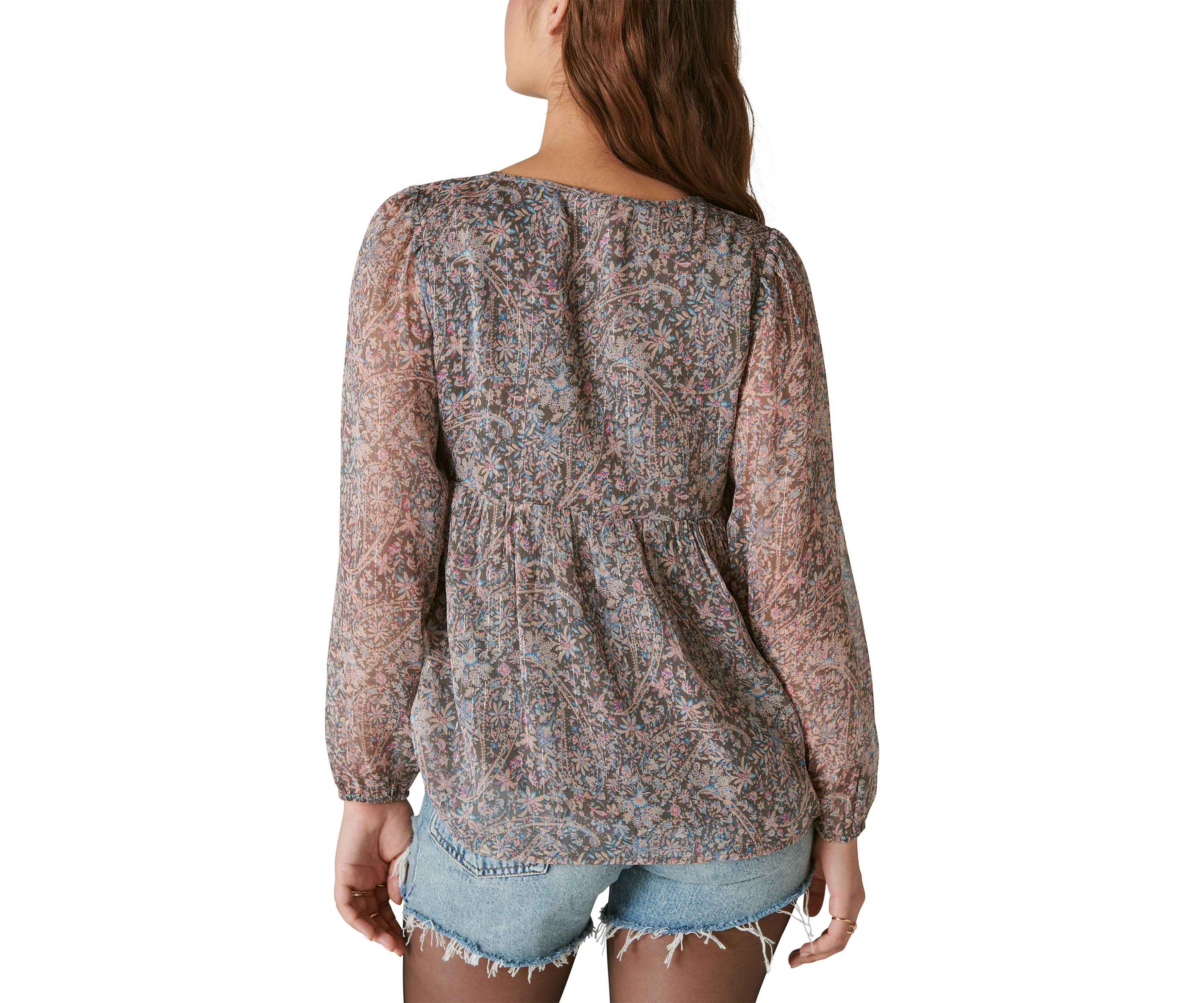 Split Neck Printed Peasant Top
