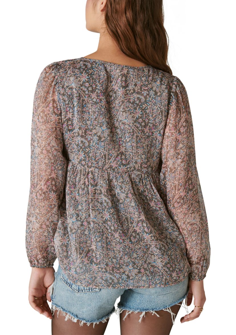 Split Neck Printed Peasant Top