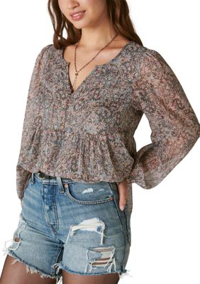 Split Neck Printed Peasant Top