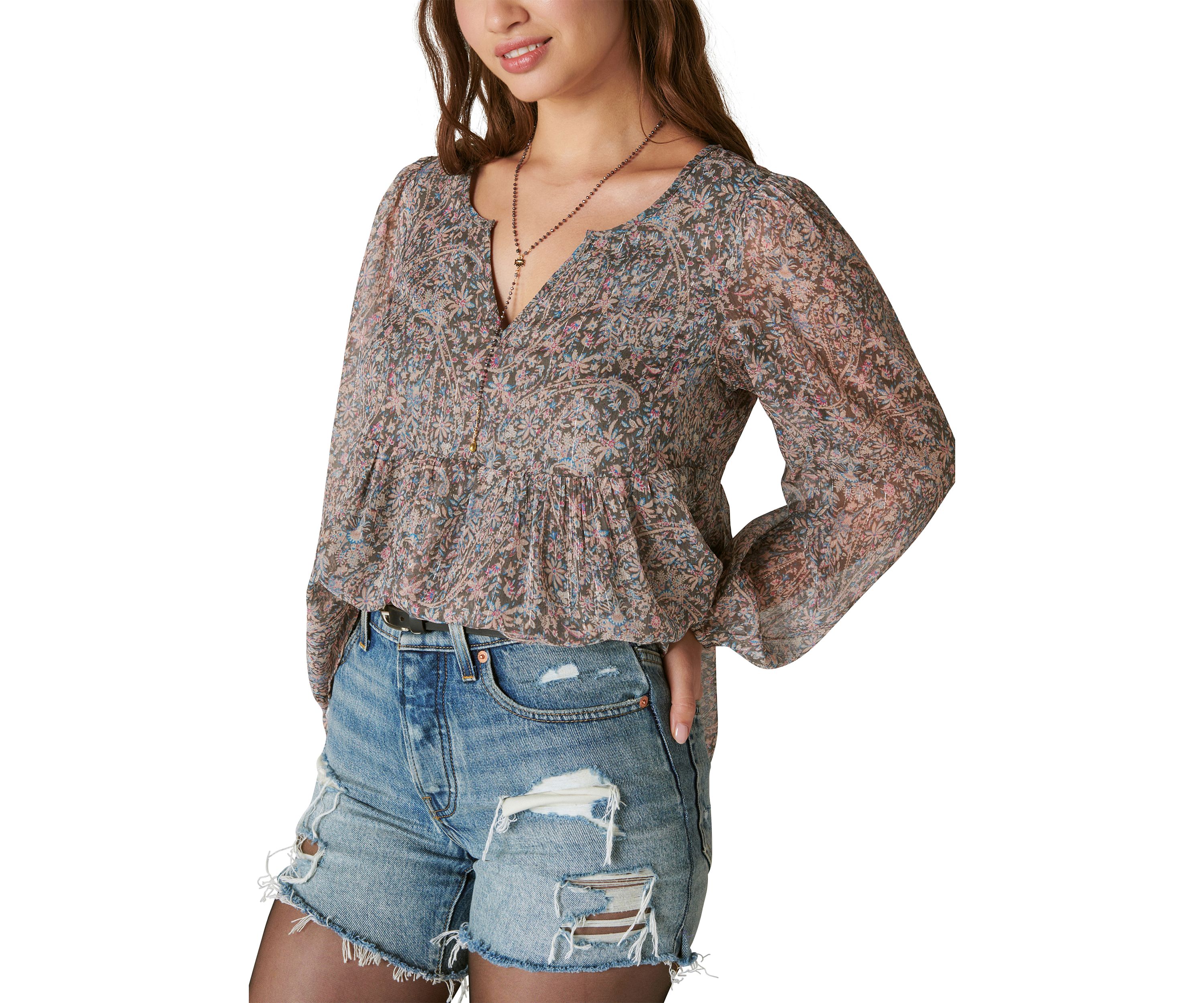 Split Neck Printed Peasant Top