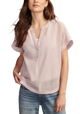 Short Sleeve Stripe Split Neck Woven Top