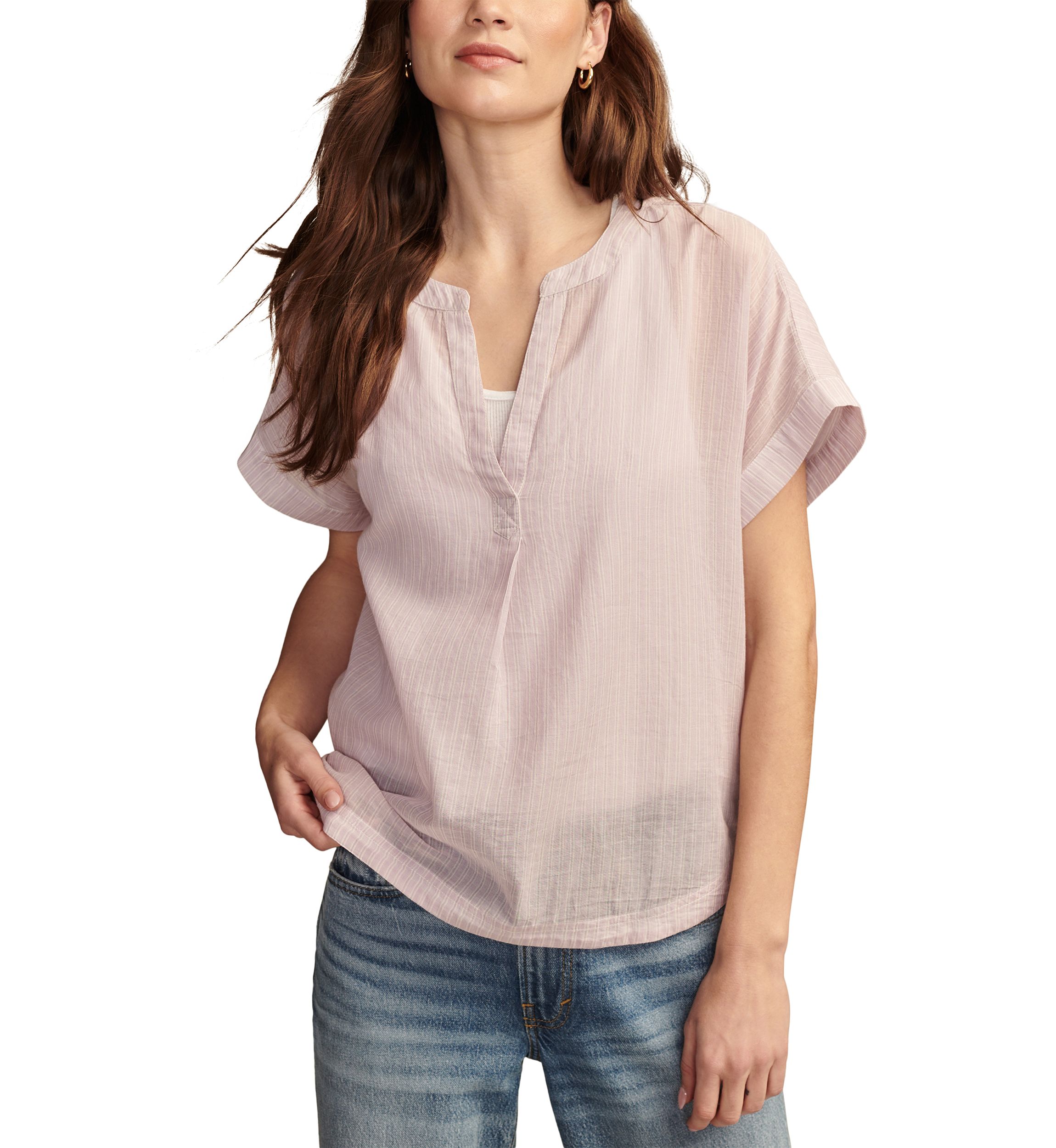Short Sleeve Stripe Split Neck Woven Top