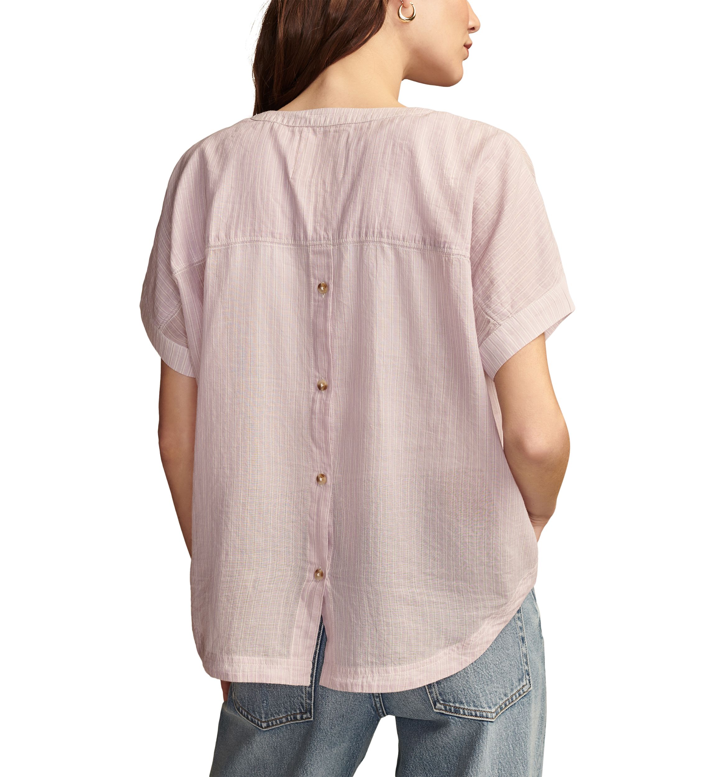 Short Sleeve Stripe Split Neck Woven Top