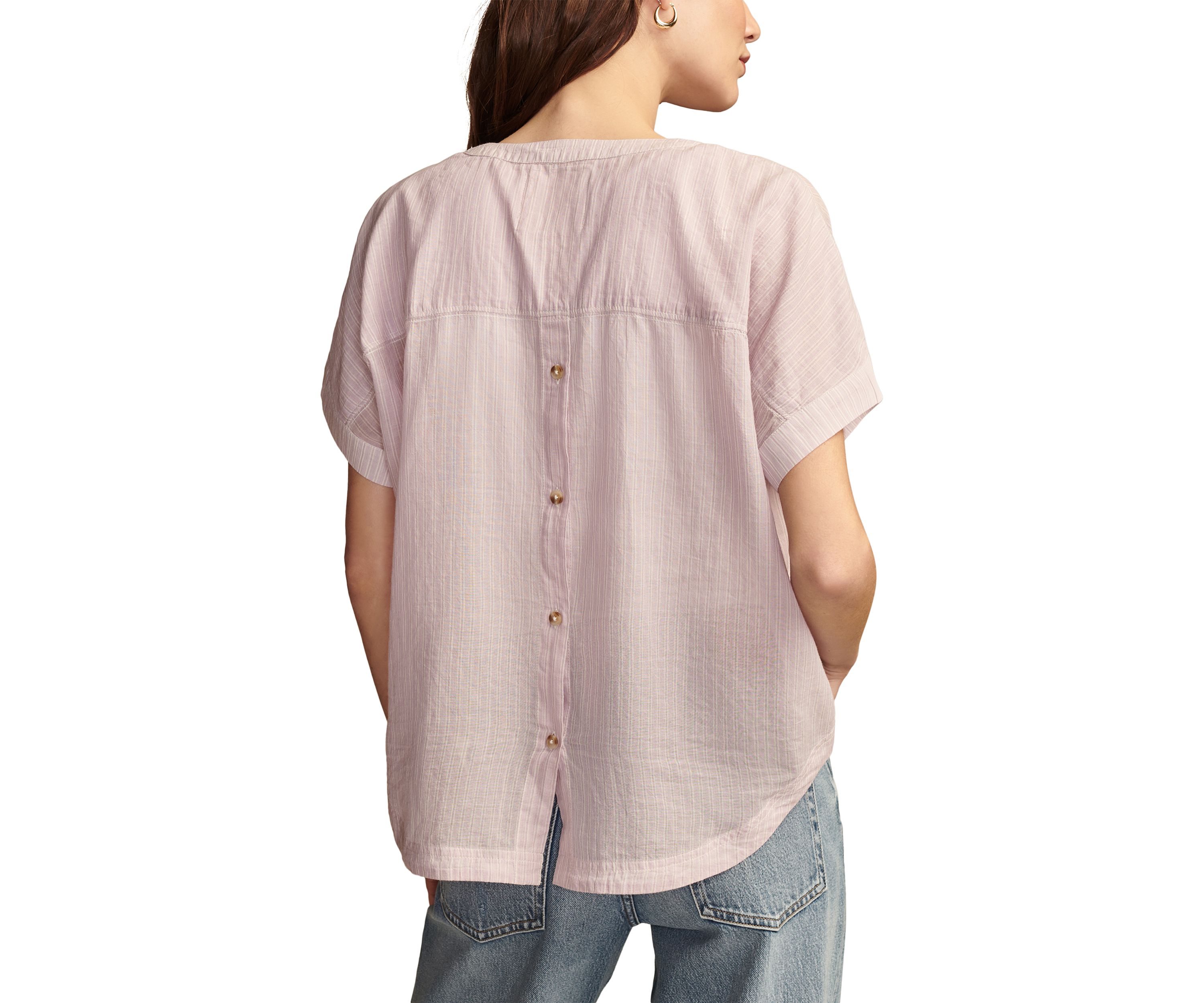 Short Sleeve Stripe Split Neck Woven Top
