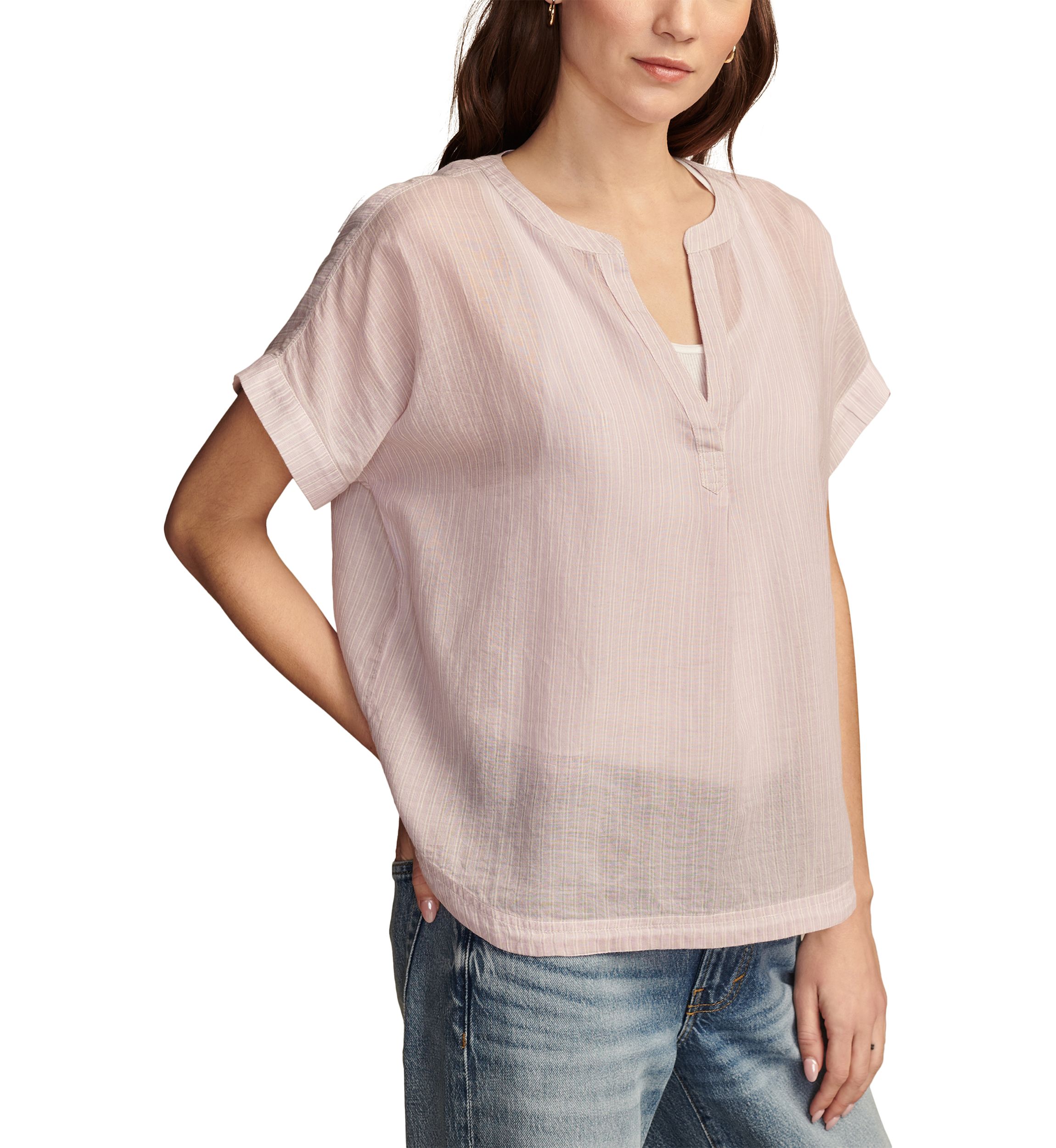 Short Sleeve Stripe Split Neck Woven Top