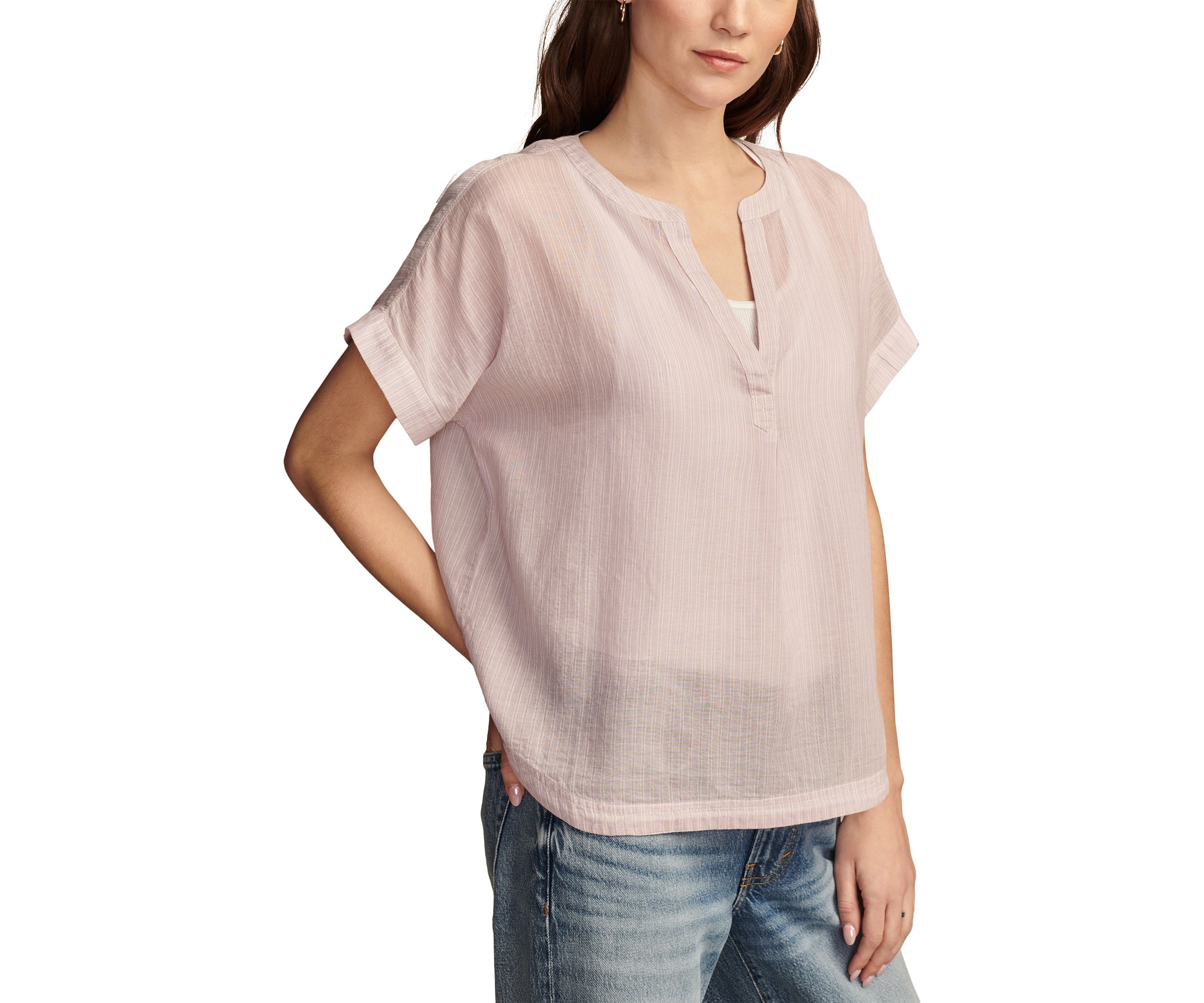 Short Sleeve Stripe Split Neck Woven Top