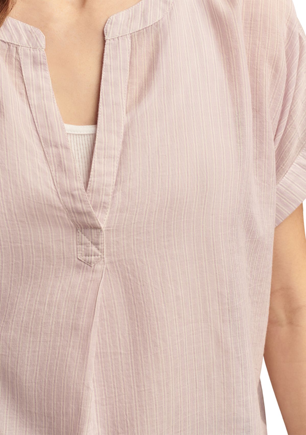 Short Sleeve Stripe Split Neck Woven Top