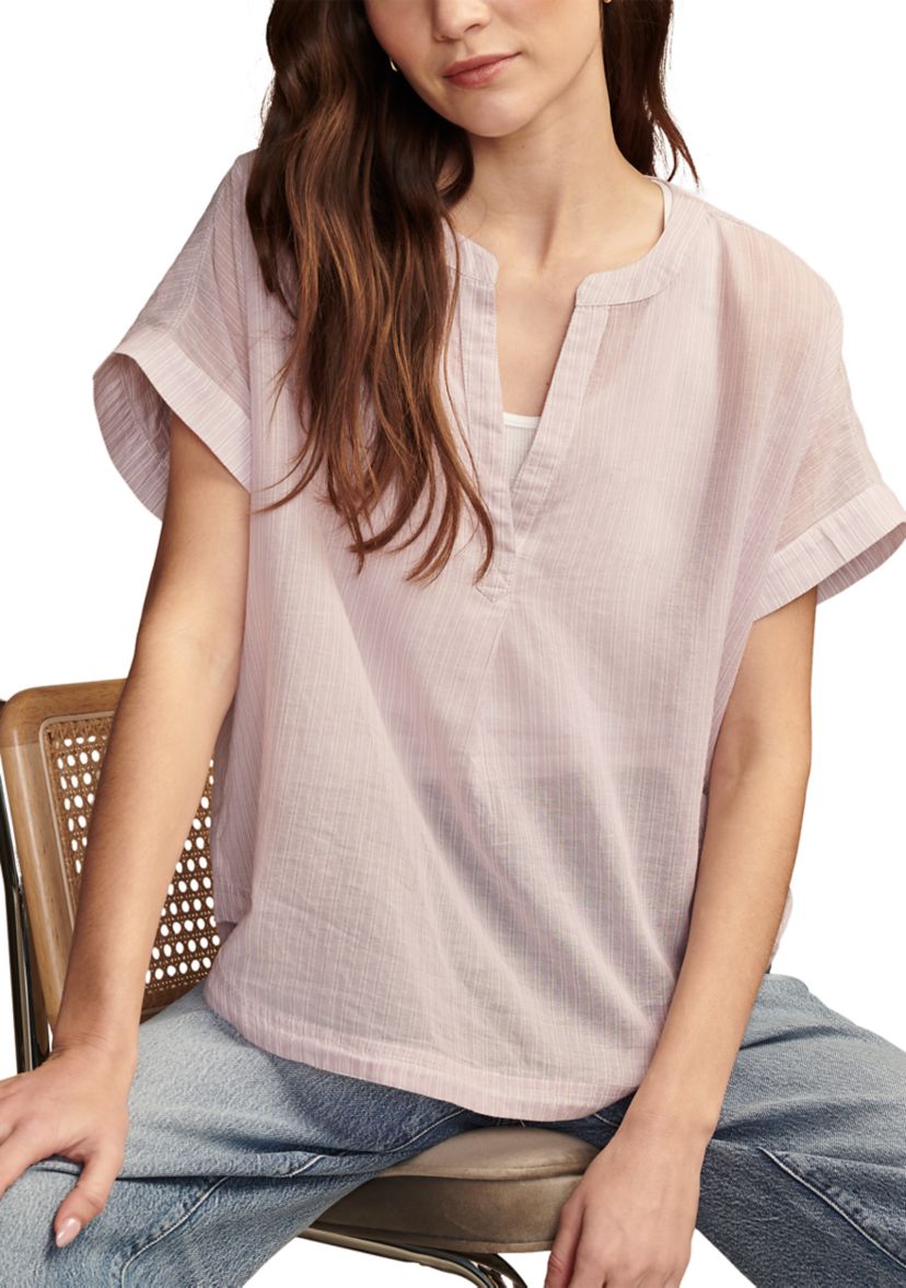 Short Sleeve Stripe Split Neck Woven Top