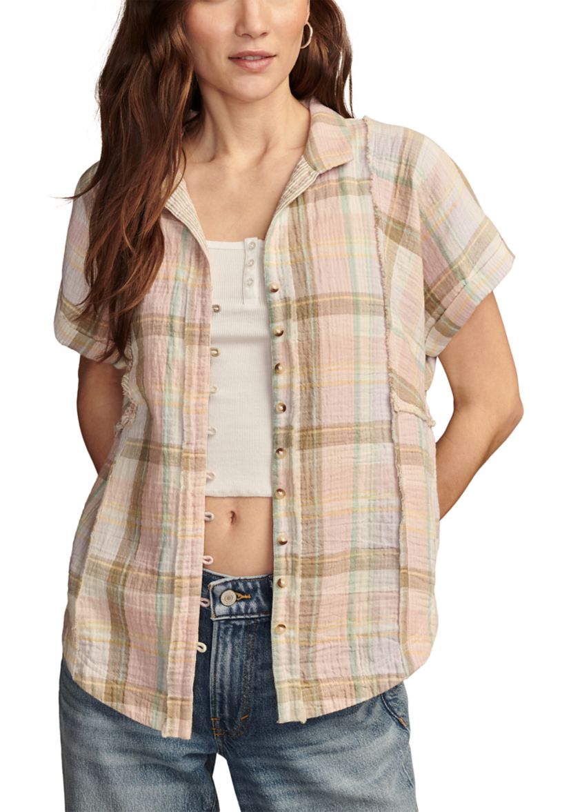 Womens Plaid Printed Camp Shirt
