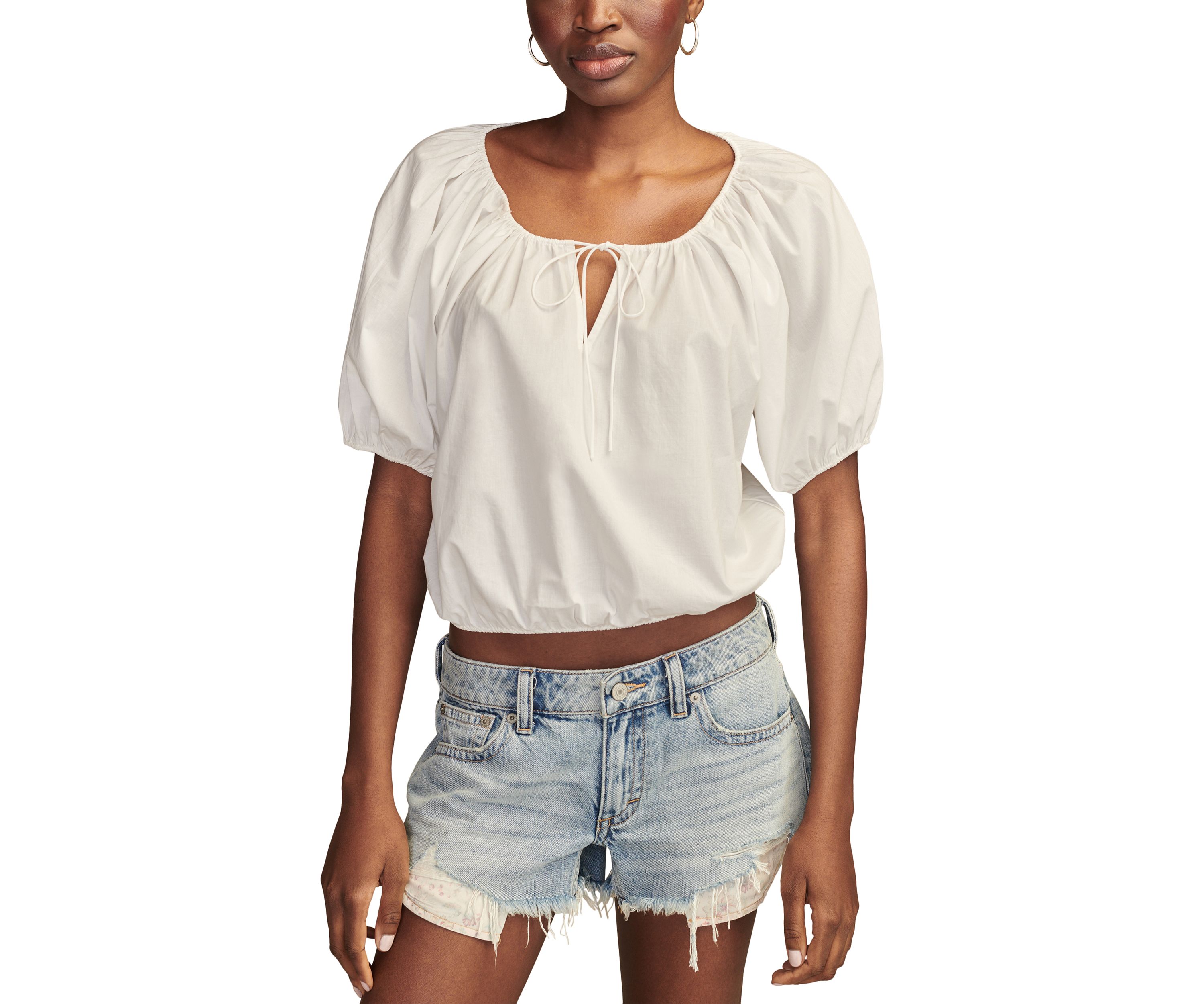 Womens Solid Puff Sleeve Tie Neck Top
