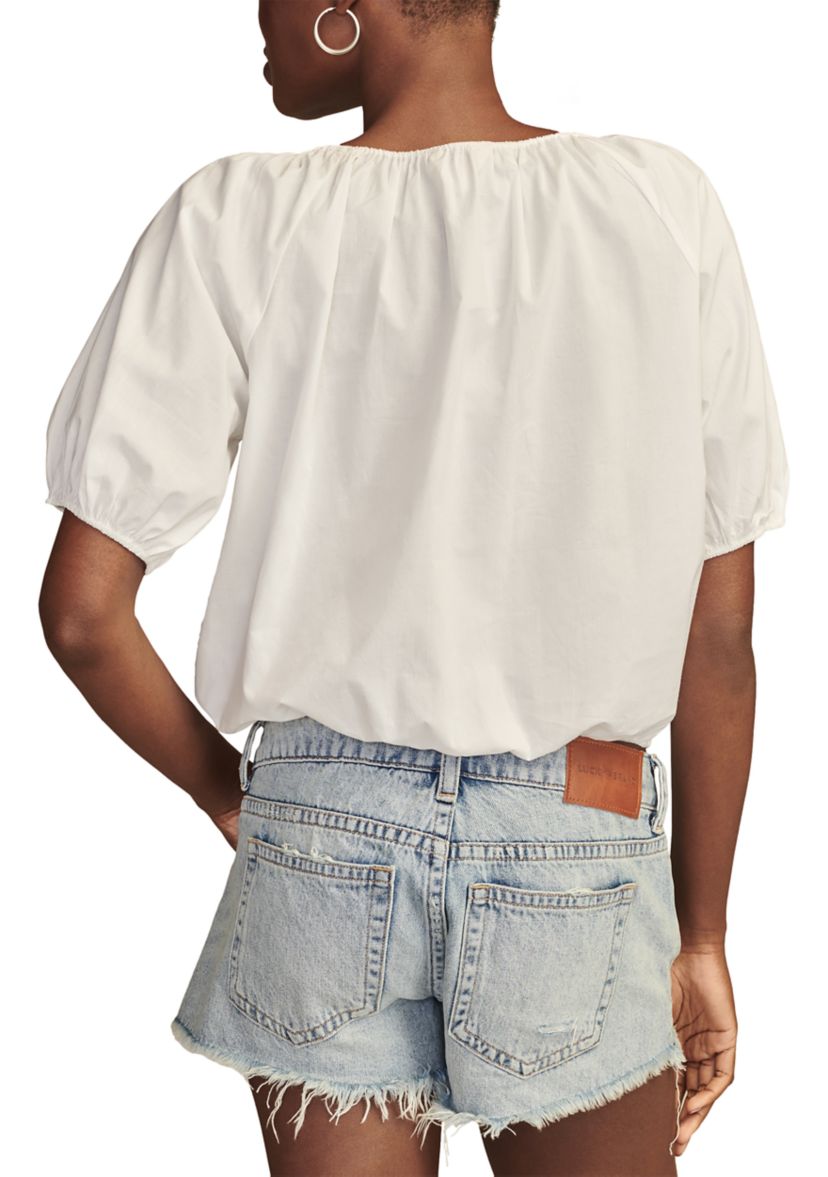 Womens Solid Puff Sleeve Tie Neck Top