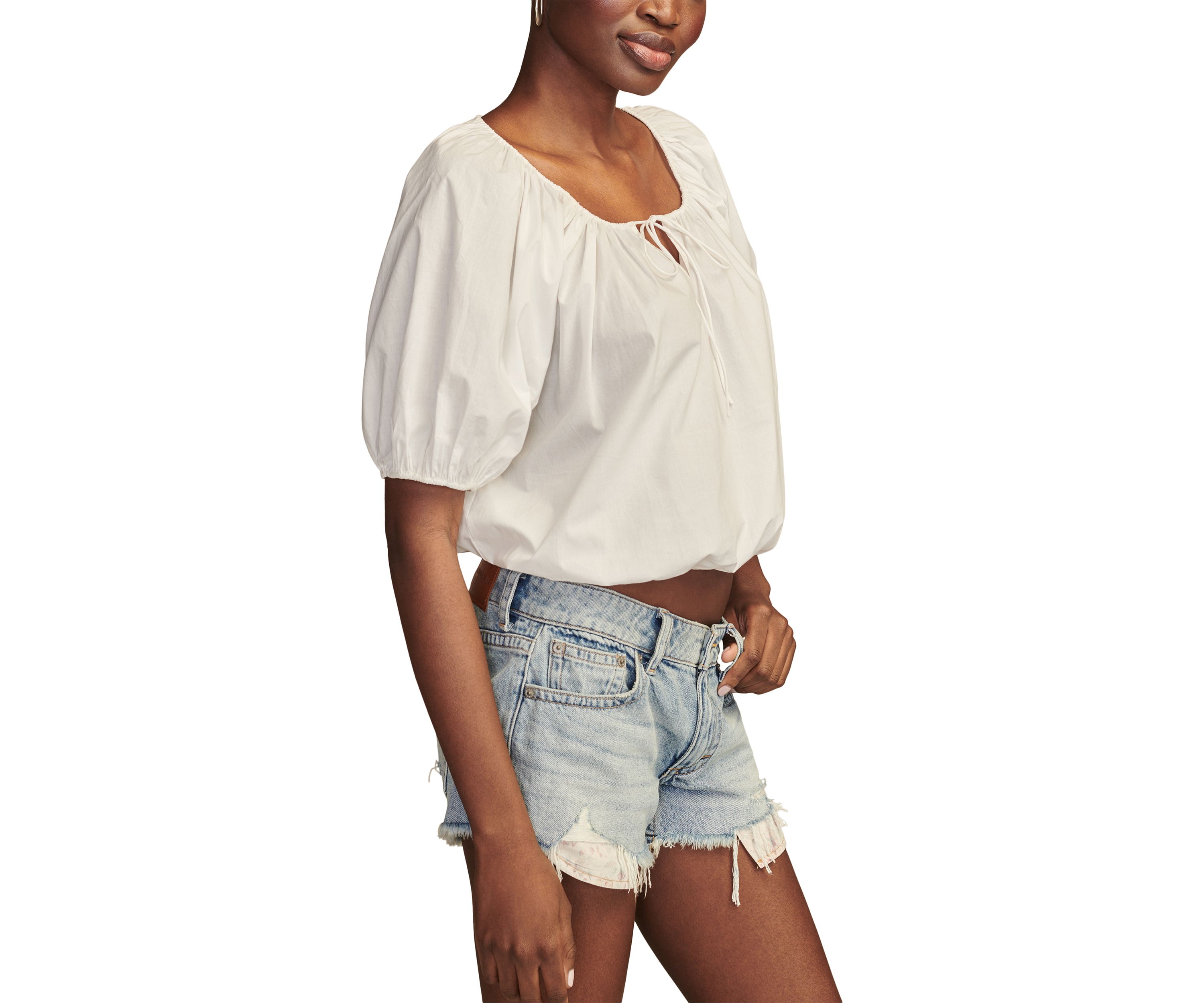 Womens Solid Puff Sleeve Tie Neck Top