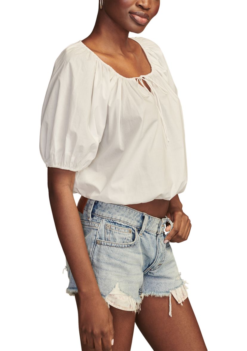 Womens Solid Puff Sleeve Tie Neck Top