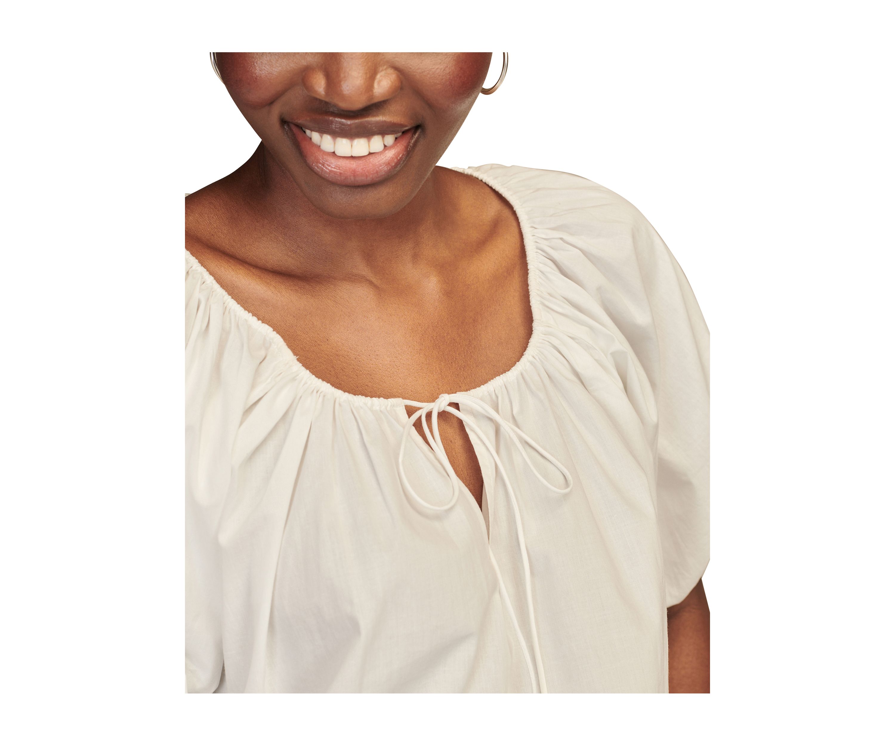 Womens Solid Puff Sleeve Tie Neck Top
