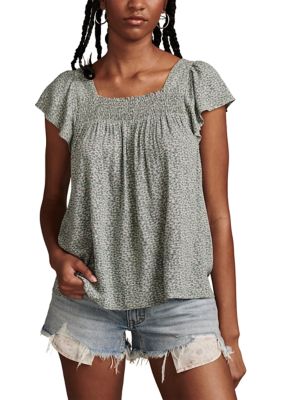 Lucky Brand Women’s Square Neck Short Sleeve Shirt, Cream Floral Large