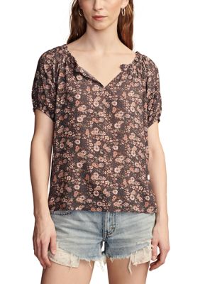 Short Sleeve Split Neck Ditsy Woven Top