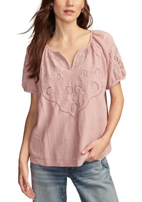 Women's Split Neck Lace Embroidered Woven Top