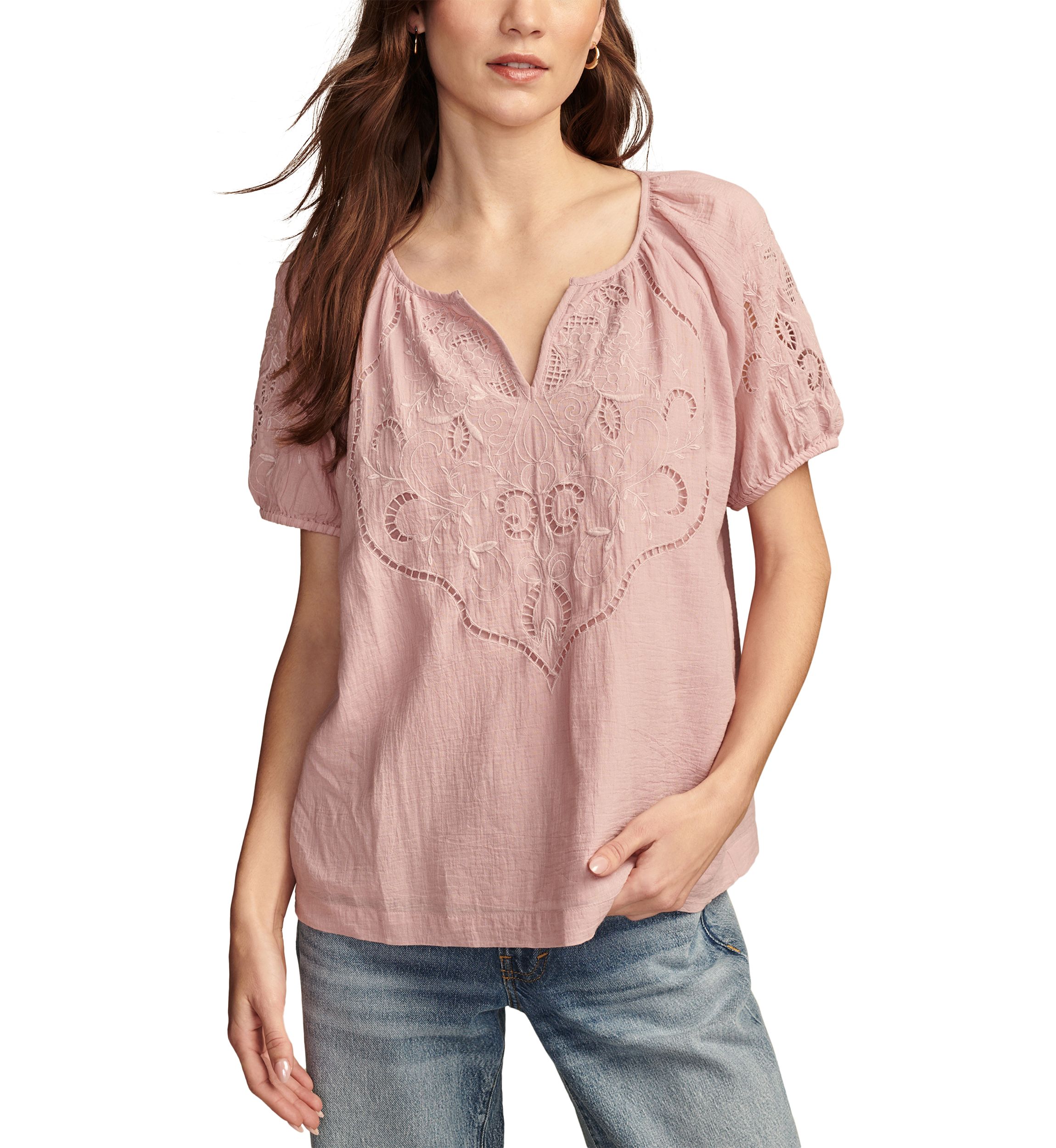 Womens Split Neck Lace Embroidered Woven Top