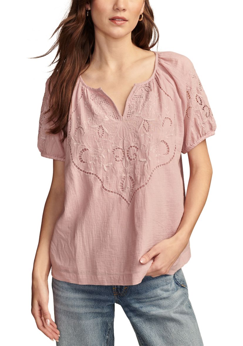 Womens Split Neck Lace Embroidered Woven Top